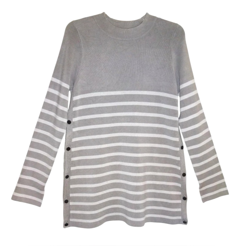 $187 Love Token Mock Neck Top Large Striped Side Button Detailing Vented Cuffs